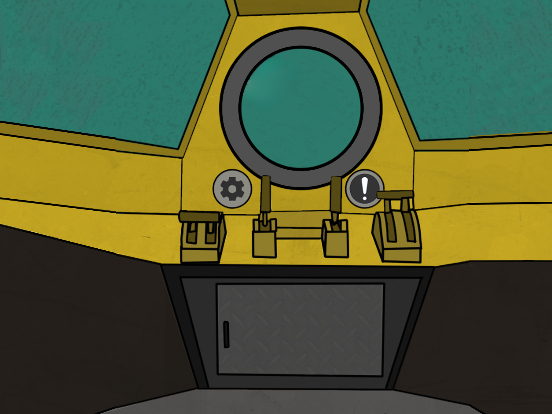 The start screen for the game. It is a cartoon style illustration of the inside of a yellow submarine.
